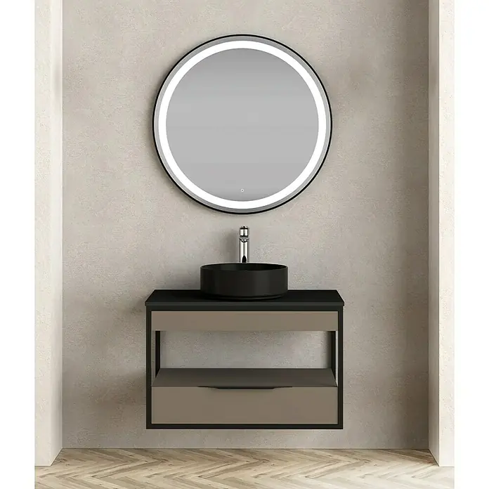 Artysan Conjunto de mueble de baño Izaro - Ancho: 80 cm, 3 pzs., Fango/Negro, Mate - Elegante conjunto de tocador de baño con espejo redondo y mueble bajo con un diseño moderno para baños elegantes.
