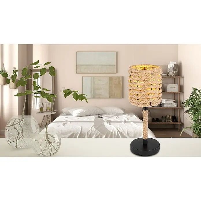 Globo Halia Deko-Tischleuchte - 40 W, L x B x H: 20 x 20 x 30 cm - Ein dekoratives Nachttischlampe mit einem Lampenschirm aus Seil, der ein warmes, stimmungsvolles Licht spendet, ideal für Schlafzimmer.