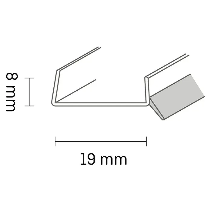 Kantoflex Sockelabschlussprofil - Mit Dichtlippe, 2,5 m, Geeignet für: Materialstärke 19 mm - Produktabbildung: Profilansicht eines 8 mm x 19 mm Kantenprofils mit selbstklebender Oberfläche, das für verschiedene Anwendungen geeignet ist.