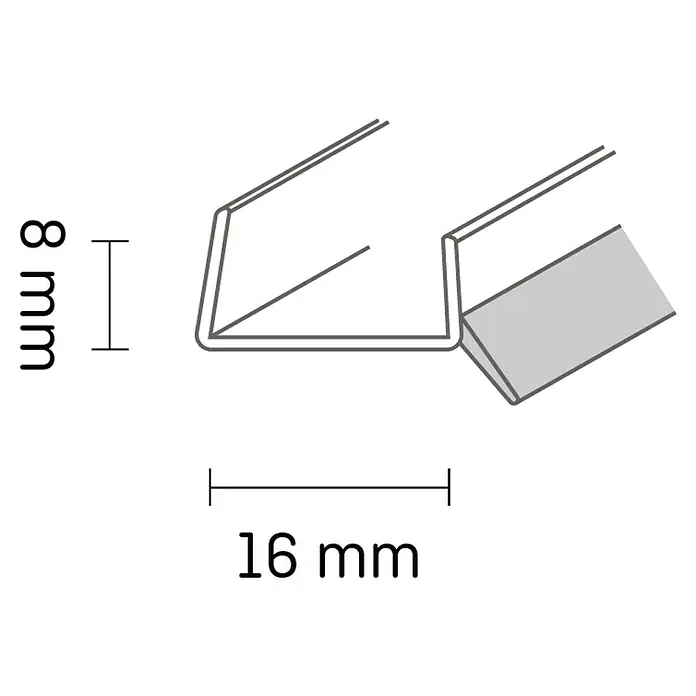 Kantoflex Sockelabschlussprofil - Mit Dichtlippe, 2,5 m, Geeignet für: Materialstärke 16 mm - Produktabbildung eines 8 mm hohen und 16 mm breiten Glasdichtungsprofils zur Abdichtung von Glasflächen.