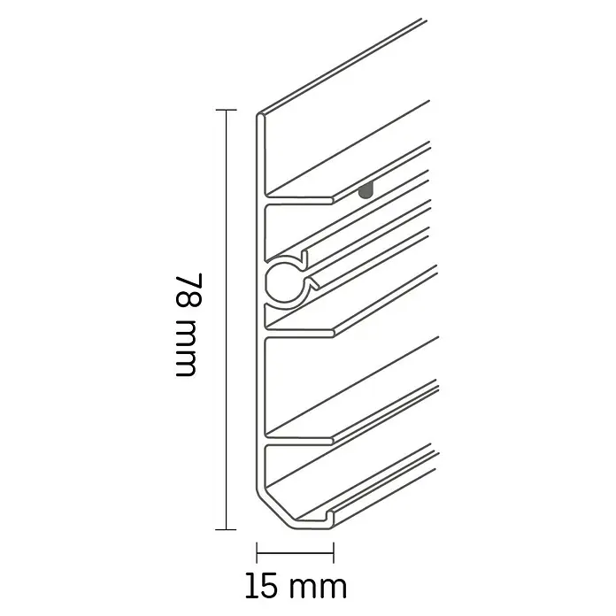 Grundprofil Cubica LS80 - 2,5 m x 15 mm x 78 mm, Passend für: Deckprofile Cubica LS80 - Produktabbildung einer Aluminiumprofilleiste mit den Maßen 78 mm Höhe und 15 mm Breite, ideal für diverse Konstruktions- und Montageanwendungen.