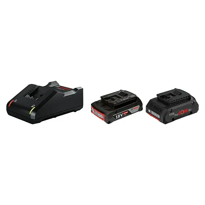 Bosch Professional AMPShare 18V Akku & Ladegerät GBA 18V 2.0Ah + AL 1860 CV - 18 V, 2 Akkus, 2 Ah - 4 Ah - Bosch Ladegerät und zwei Akkus, ein 18V 2.0Ah und ein 4.0Ah ProCORE18V, für kabellose Werkzeuge.
