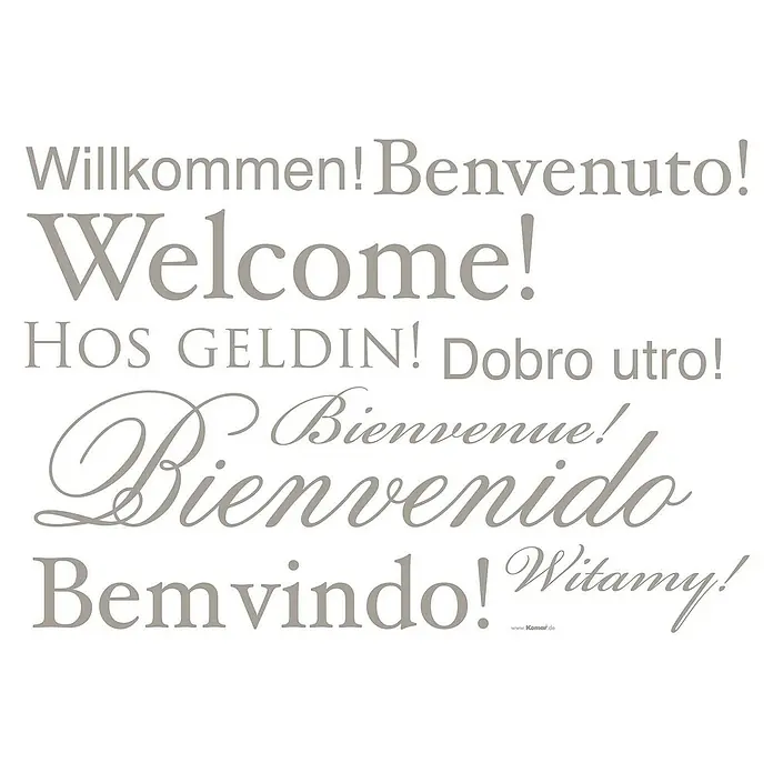 Komar Dekosticker Welcome - 11 -tlg. - Mehrsprachiges "Willkommen"-Poster mit den Wörtern Willkommen in Deutsch, Englisch, Französisch, Spanisch und anderen Sprachen.