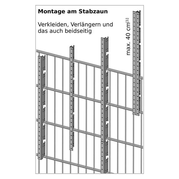 BRIGX Winkel - L x B x H: 596 x 40 x 20 mm, Passend für: Stabmatten - Illustration der Montage von Zaunverlängerungen an einem Stabzaun, um ihn zu verkleiden und beidseitig zu verlängern.