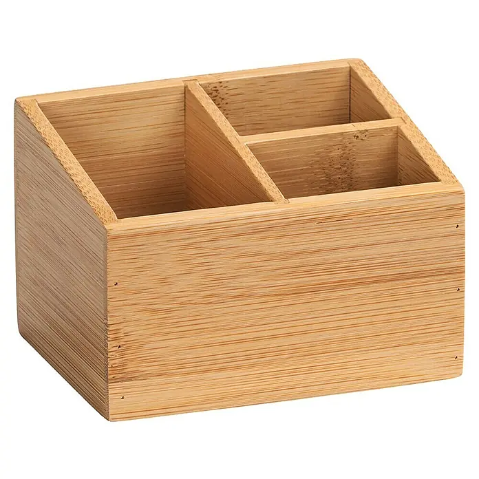 Wenko Aufbewahrungsbox Terra - 9 x 12 x 8,5 cm, Bambus - Ein hölzerner Schreibtisch-Organizer aus Bambus mit drei Fächern zur Aufbewahrung von Stiften, Notizen und Büroklammern.