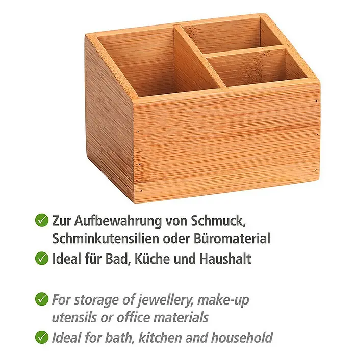 Wenko Aufbewahrungsbox Terra - 9 x 12 x 8,5 cm, Bambus - Bambus-Organizer mit mehreren Fächern zur Aufbewahrung von Schmuck, Make-up-Utensilien oder Büromaterial. Ideal für Bad, Küche und Haushalt.