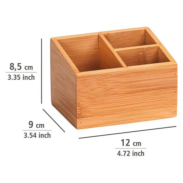 Wenko Aufbewahrungsbox Terra - 9 x 12 x 8,5 cm, Bambus - Ein Bambus-Schreibtisch-Organizer mit drei Fächern unterschiedlicher Größe. Die Maße sind auf dem Bild angegeben: 8,5 x 9 x 12 cm.
