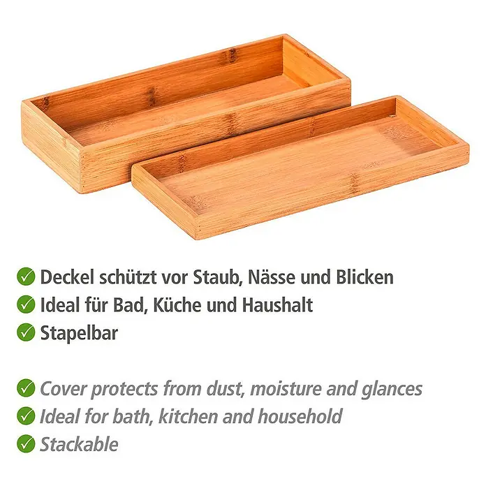 Wenko Aufbewahrungsbox Terra - 10 x 24 x 5,5 cm, Bambus - Das Bild zeigt zwei stapelbare Bambus-Aufbewahrungsboxen, ideal für Bad, Küche und Haushalt. Der Deckel schützt vor Staub und Feuchtigkeit.