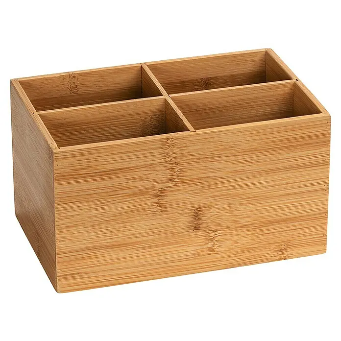 Wenko Aufbewahrungsbox Terra - 14 x 22 x 12 cm, Bambus - Ein Organizer aus Bambusholz mit vier Fächern zur Aufbewahrung von Büromaterialien oder Kosmetika, praktisch und umweltfreundlich.