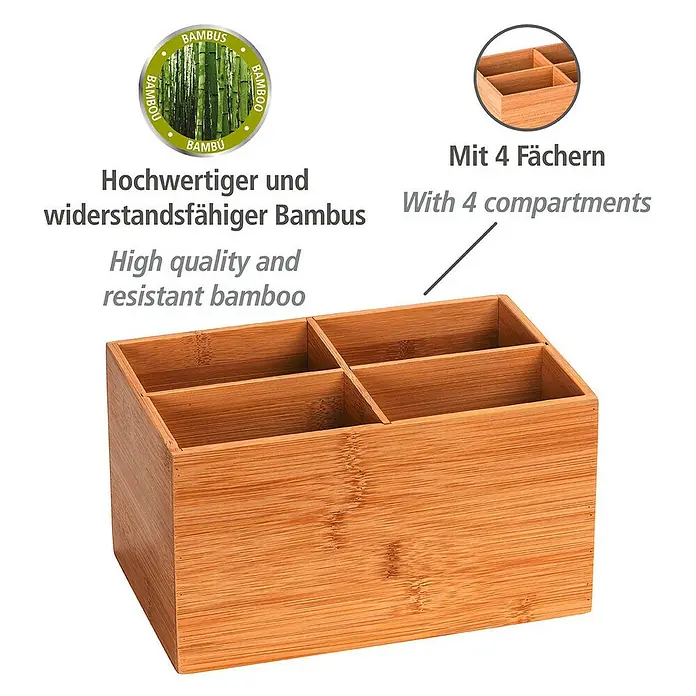 Wenko Aufbewahrungsbox Terra - 14 x 22 x 12 cm, Bambus - Bambus-Organizer mit 4 Fächern. Aus hochwertigem, widerstandsfähigem Bambus gefertigt und bietet eine stilvolle Aufbewahrungslösung.