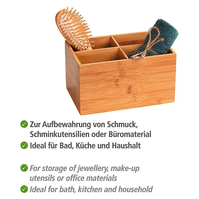 Wenko Aufbewahrungsbox Terra - 14 x 22 x 12 cm, Bambus - Ein Bambus-Organizer mit vier Fächern, ideal zur Aufbewahrung von Bad-, Küchen- oder Büroutensilien, mit Bürste und kleinem Handtuch.