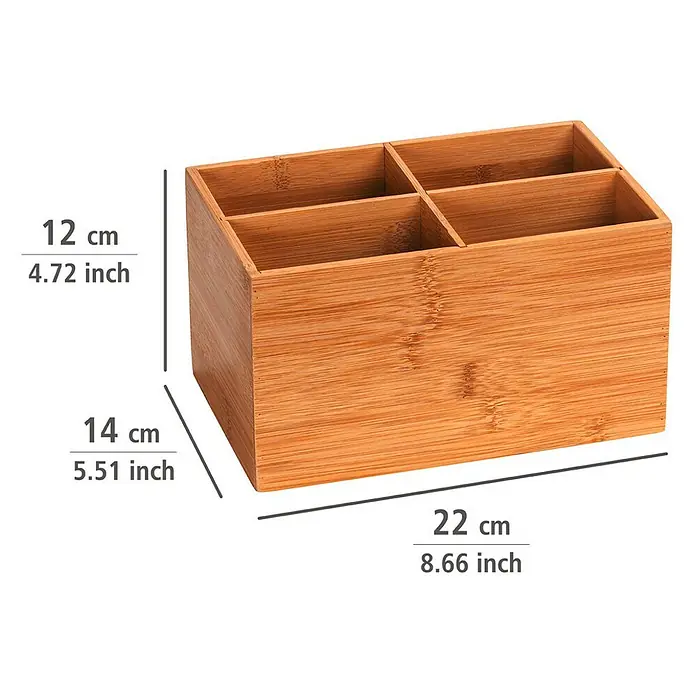 Wenko Aufbewahrungsbox Terra - 14 x 22 x 12 cm, Bambus - Ein Bambus-Schreibtischorganizer mit vier Fächern und Maßangaben.