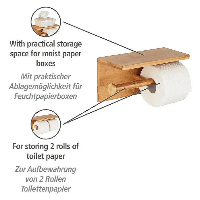 Wenko Bambusa ToilettenpapierhalterMit Ablage, Bambus - Holz WC-Rollenhalter mit Ablagefläche für Feuchttücher und zusätzliche Rollen. Praktische Bad-Accessoire für mehr Ordnung.