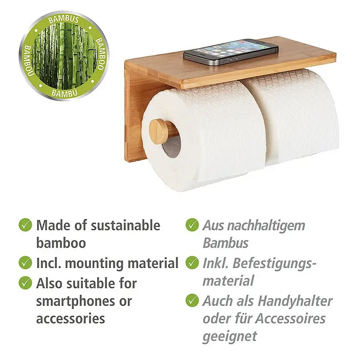 Wenko Bambusa ToilettenpapierhalterMit Ablage, Bambus - Bambus-Toilettenpapierhalter mit Ablage für Smartphone. Nachhaltig und praktisch für das moderne Badezimmer.