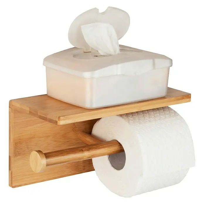 Wenko Bambusa ToilettenpapierhalterMit Ablage, Bambus - Ein Bambus-Toilettenpapierhalter mit Ablage und Feuchttüchern für eine praktische Badezimmerorganisation.