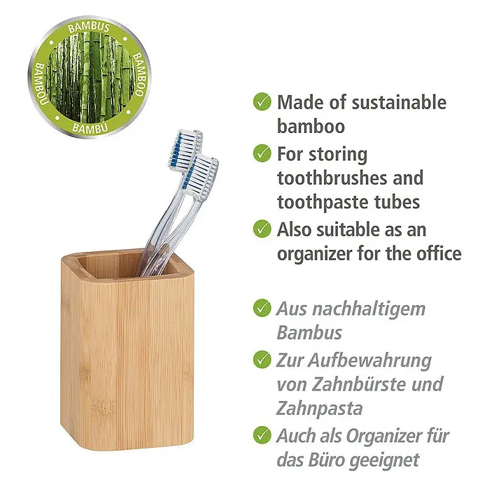 Wenko Bambusa Zahnputzbecher - Bambus, Bambus - Zahnbürstenhalter aus Bambus mit Zahnbürsten und umweltfreundlichem Bambus-Logo. Vielseitig verwendbar für Büroorganisation.