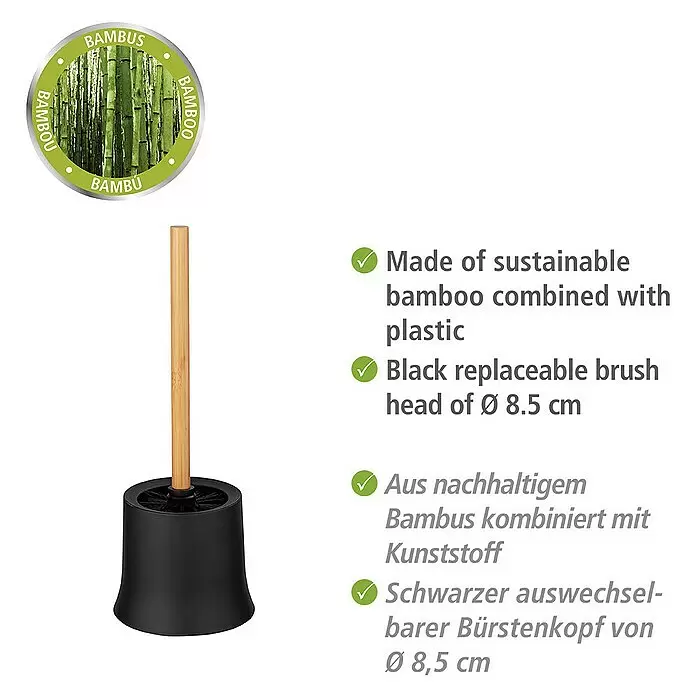 Wenko Bambusa WC-Bürstengarnitur - Naturmaterialien, Schwarz/Bambus - Toilettenbürste mit Bambusgriff und schwarzem Kunststoffhalter mit austauschbarem Bürstenkopf.