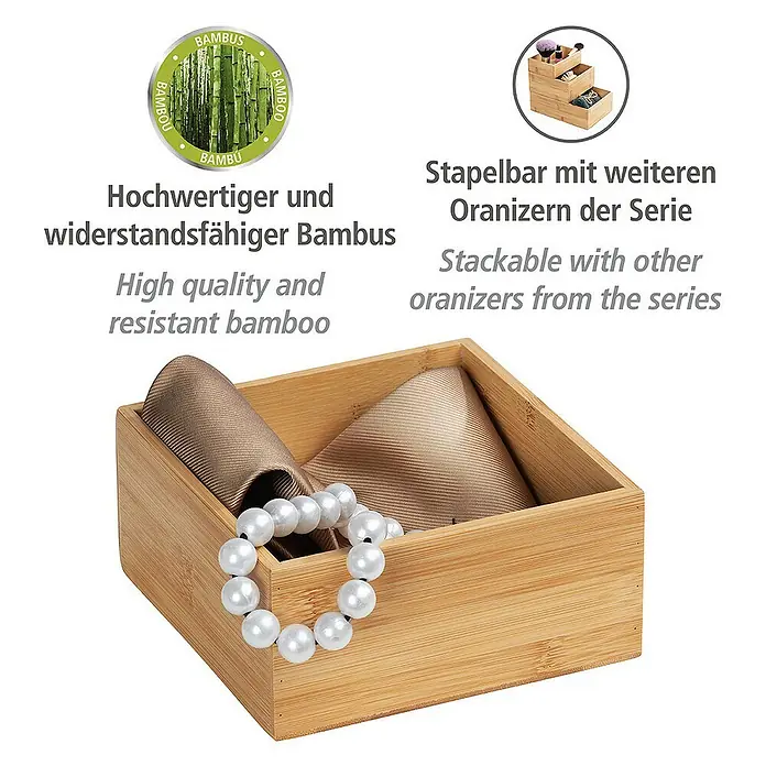 Wenko Aufbewahrungsbox Terra M - 15 x 15 x 7 cm, Bambus - Ein Bambus-Organizer mit Halskette und Krawatte, der sich perfekt für die Aufbewahrung von Accessoires eignet.