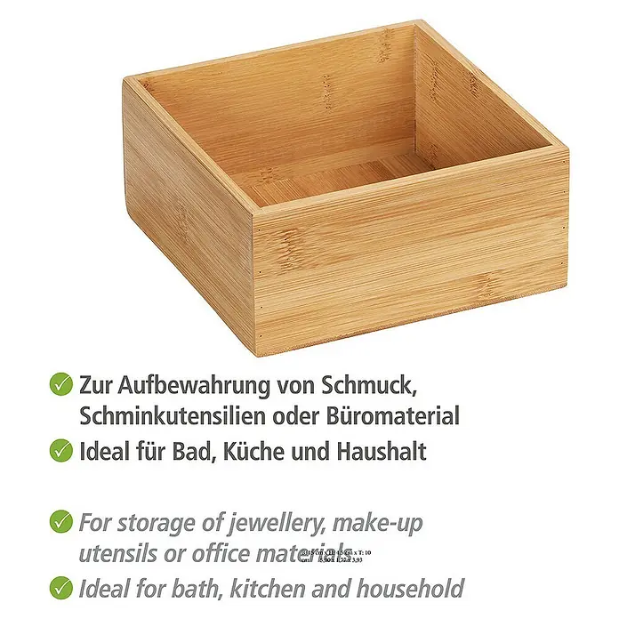 Wenko Aufbewahrungsbox Terra M - 15 x 15 x 7 cm, Bambus - Holzkästchen zur Aufbewahrung von Schmuck, Schminkutensilien oder Büromaterial, ideal für Bad, Küche und Haushalt.