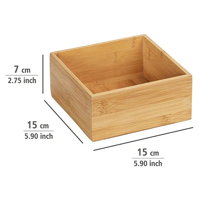 Wenko Aufbewahrungsbox Terra M - 15 x 15 x 7 cm, Bambus - Abbildung eines quadratischen, hellbraunen Bambusbehälters mit Größenangaben in Zentimetern und Zoll.