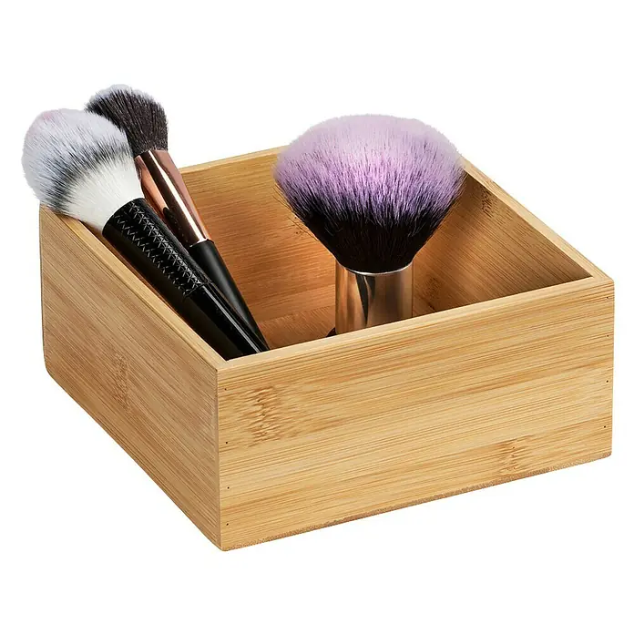 Wenko Aufbewahrungsbox Terra M - 15 x 15 x 7 cm, Bambus - Ein Bambus-Aufbewahrungsbehälter mit verschiedenen Make-up-Pinseln, ideal für die Organisation Ihrer Kosmetikprodukte.