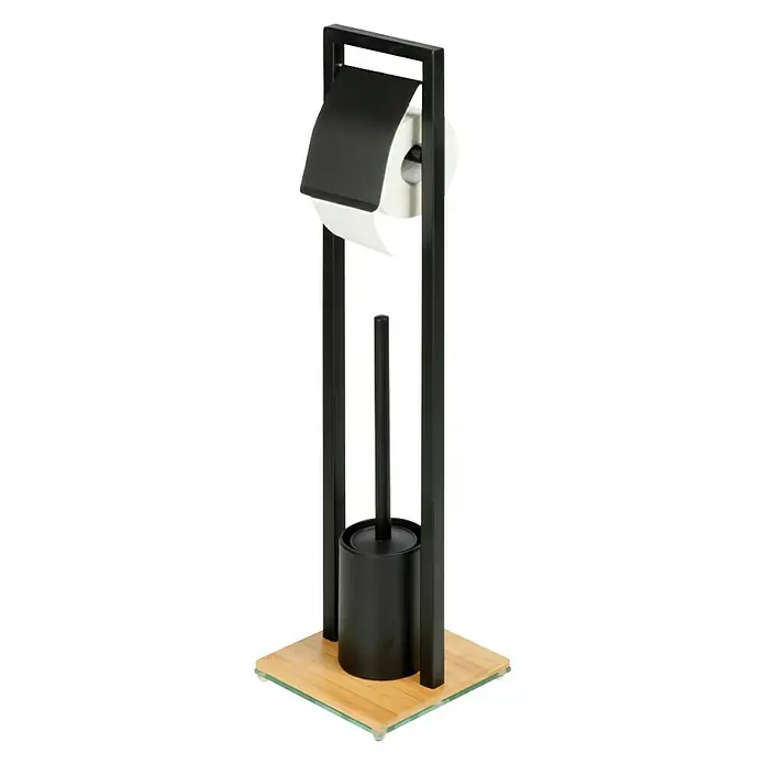 Wenko Bambusa WC-Kombi-Bürstengarnitur - Höhe: 72,5 cm, Schwarz/Bambus, Matt - Badezimmer-Accessoire-Set mit Toilettenpapierhalter und Bürste in Schwarz und Holz. Praktische und stilvolle Badezimmerausstattung.