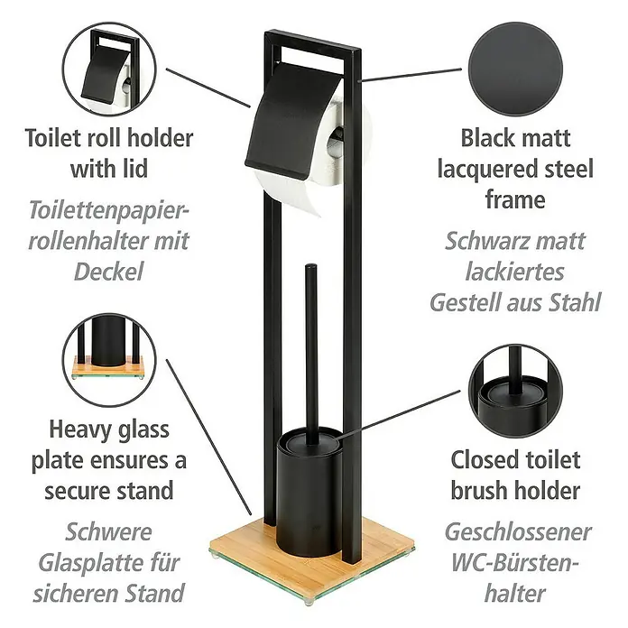 Wenko Bambusa WC-Kombi-Bürstengarnitur - Höhe: 72,5 cm, Schwarz/Bambus, Matt - Toilettenpapierhalter mit Deckel, WC-Bürstenhalter und schwerer Glasplatte für einen sicheren Stand.