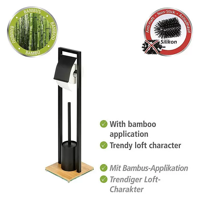 Wenko Bambusa WC-Kombi-Bürstengarnitur - Höhe: 72,5 cm, Schwarz/Bambus, Matt - Schwarzer Toilettenpapierständer aus Metall mit Antihaft-Silikonbürste und Bambusfuß.
