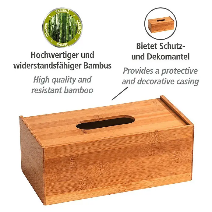 Wenko Kosmetiktuchbox Terra - 10 x 25 x 13 cm, Bambus - Bambus-Kosmetiktücherbox: Hochwertig, schützend und dekorativ für stilvolle Aufbewahrung.
