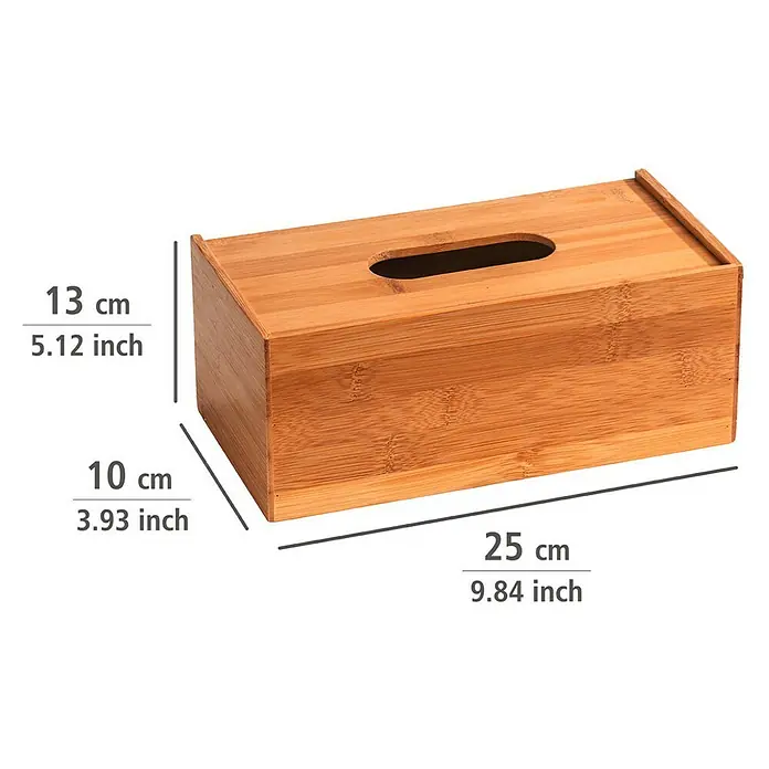 Wenko Kosmetiktuchbox Terra - 10 x 25 x 13 cm, Bambus - Nahaufnahme einer rechteckigen Bambus-Taschentuchbox mit Dimensionsangaben in Zentimetern und Zoll.