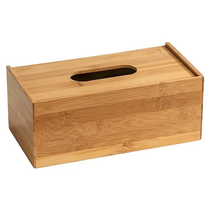 Wenko Kosmetiktuchbox Terra - 10 x 25 x 13 cm, Bambus - Nahaufnahme einer rechteckigen Taschentuchbox aus Bambus mit ovaler Öffnung auf der Oberseite und feiner Holzmaserung.