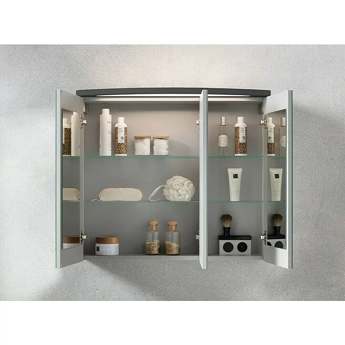 Camargue Swing Badmöbel-Set SW820G - Gesamtbreite Badmöbel: 80 cm, Grafit, Hochglänzend, 3 -tlg. - Offener Badezimmerschrank mit Glasböden und verschiedenen Pflegeprodukten, beleuchtet von oben für eine moderne Optik.