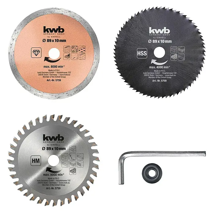 Einhell Kreissägeblatt-Set - Durchmesser: 89 mm, 5 -tlg. - KWB Kreissägeblätter: Diamant-, HSS- und HM-Sägeblätter in verschiedenen Ausführungen, inklusive Zubehör für präzise Schnitte.
