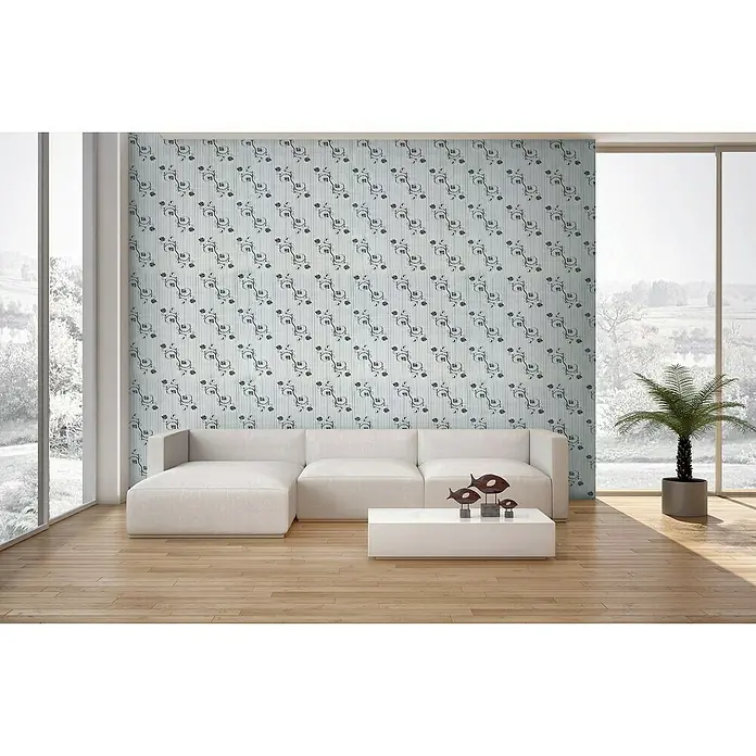 Papel pintado de vinilo autoadhesivo PF-058-1 - 90 cm x 3 m, 100% PVC - La imagen muestra un elegante papel pintado de pared con un diseño floral en un salón amueblado moderno.