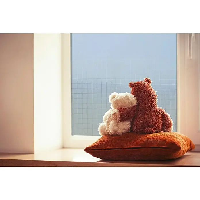 Lámina para ventana Estático Check - 46 cm x 1,5 m, Transparente - Dos ositos de peluche se abrazan, sentados en un cojín naranja frente a una ventana. Acogedor y cariñoso, ideal para habitaciones infantiles.