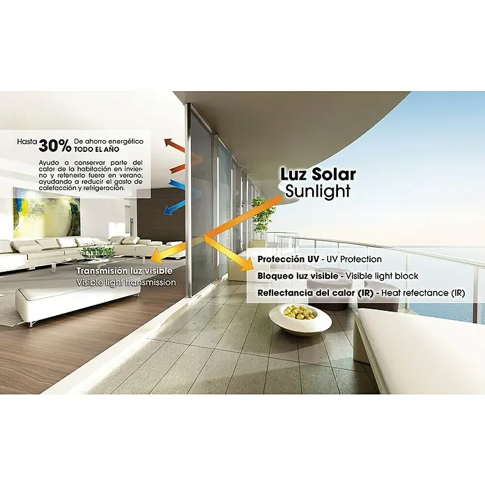 Lámina adhesiva al corte Sun Silver - Ancho: 92 cm, Transparente - Ilustración de los ahorros de energía mediante la instalación de pantallas solares, que ahorran hasta un 30% de energía y protegen contra los rayos UV.
