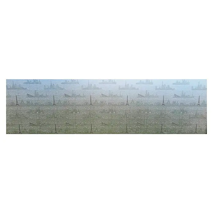 Lámina para ventana al corte estampado fix Travelling - Transparente - La imagen muestra un elegante papel pintado con un motivo de paisaje urbano, incluyendo la Torre Eiffel, en un sutil esquema de color degradado.