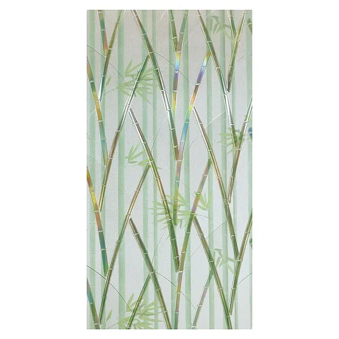 Lámina para ventana al corte estampado fix Panda - Transparente - Primer plano de una decoración con patrón de bambú sobre una superficie de vidrio texturizada que crea un ambiente sereno y natural.