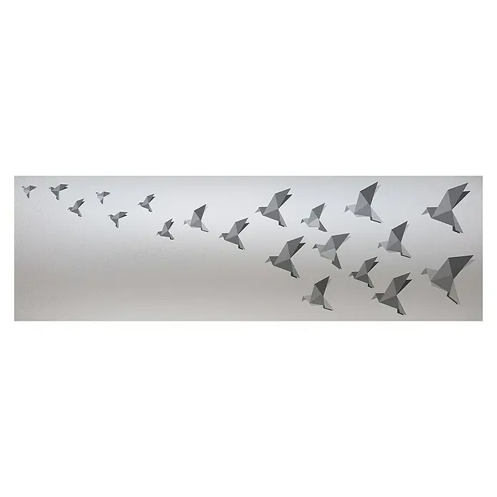 Lámina para ventana Pájaros - 46 cm x 1,5 m, Gris - Pájaros de origami grises volando en fila sobre un fondo gris claro, un diseño sereno y minimalista.