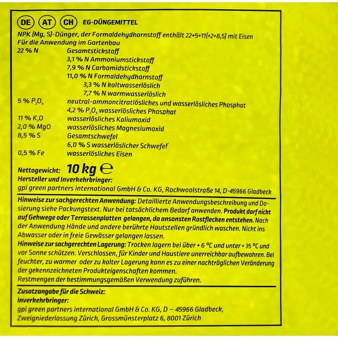 Gardol Rasendünger Premium - 10 kg, Max. Anwendungsfläche: 200 m² - Etikett eines NPK-Düngers mit Formaldehydharnstoff, geeignet für den Gartenbau, mit Informationen zu Inhaltsstoffen, Anwendung und Lagerung.