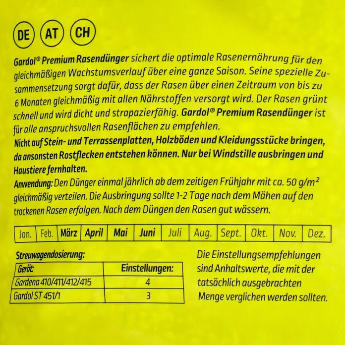 Gardol Rasendünger Premium - 10 kg, Max. Anwendungsfläche: 200 m² - Produktetikett mit Anweisungen zur Verwendung von Gardol Premium Rasendünger für optimales Rasenwachstum und Anwendungsrichtlinien.