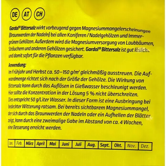 Gardol Bittersalz - 5 kg, Max. Anwendungsfläche: 50 m² - Gelbe Produktverpackung für Gardol Bittersalz mit schwarzem Text, enthält Anwendungshinweise für Pflanzen.