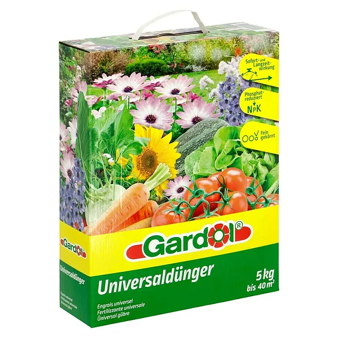 Gardol Universaldünger - 5 kg, Max. Anwendungsfläche: 40 m² - Produktbild von Gardol Universaldünger 5kg, ein Allzweckdünger für den Garten, ideal für Gemüse und Zierpflanzen.