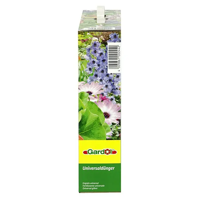 Gardol Universaldünger - 5 kg, Max. Anwendungsfläche: 40 m² - Ein Karton Gardol Universaldünger mit Pflanzenbild, ein Universaldünger für den Garten.