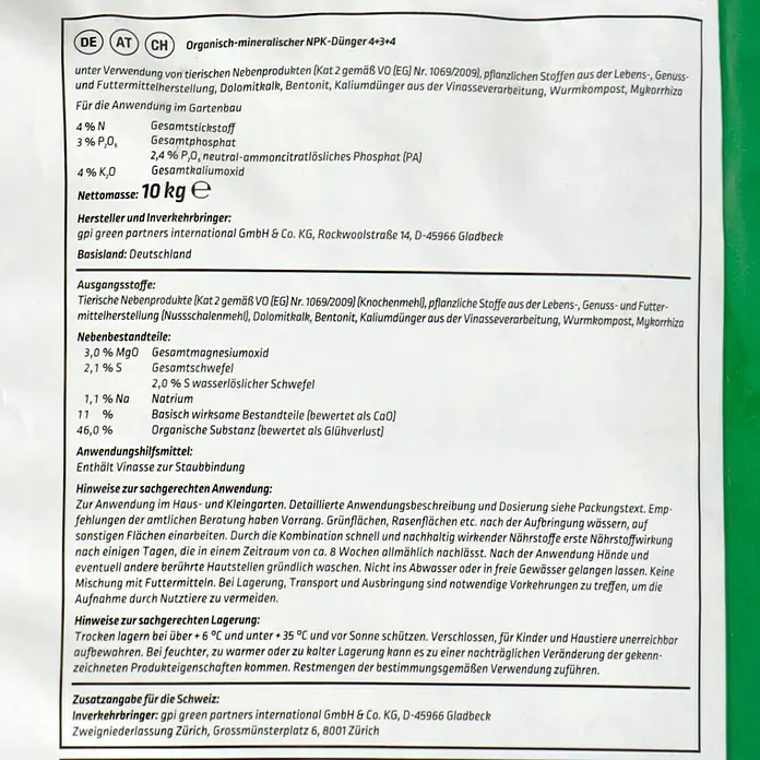 Gardol Pure Nature Garten- & Rasenaktivator Bio - 10 kg, Max. Anwendungsfläche: 100 m² - Etikett eines organisch-mineralischen NPK-Düngers 4+3+4, geeignet für den Gartenbau, mit Angabe der Inhaltsstoffe und Anwendungshinweise.