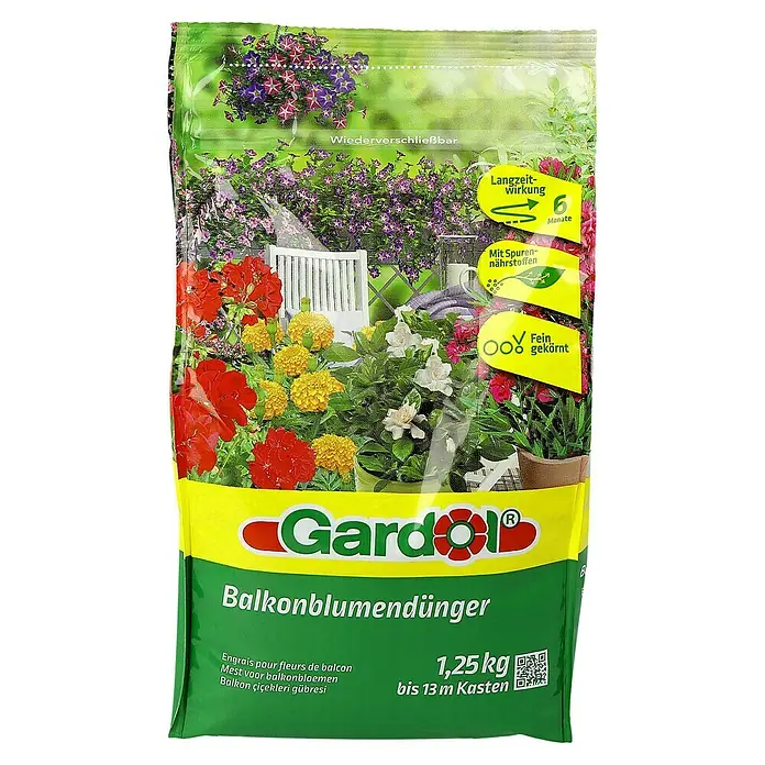 Gardol Balkonblumendünger - Wiederverschließbar, 1,25 kg, Passend für: 13 m Balkonkasten - Eine Packung Gardol Balkonblumendünger mit dem Logo und einer Abbildung von bunten Balkonblumen.