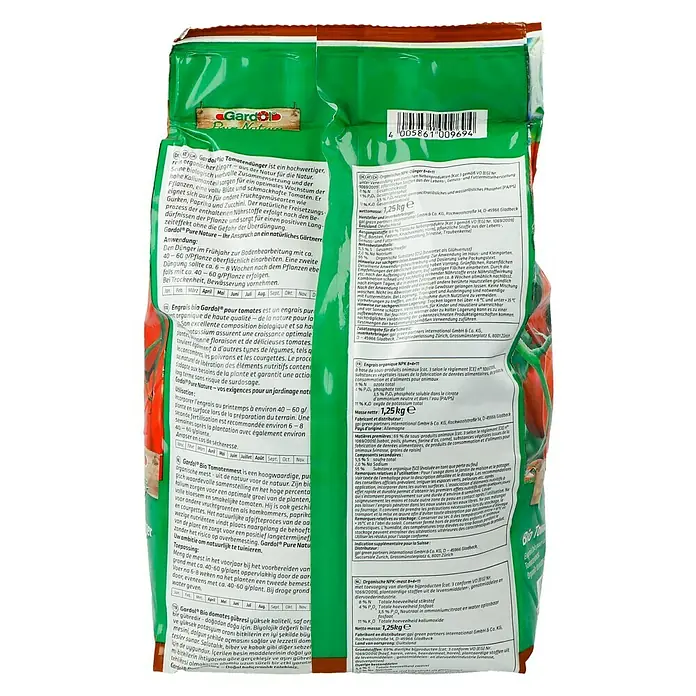 Gardol Pure Nature Tomatendünger - 1,25 kg - Close-up of a Gardol tomato fertilizer bag, highlighting its organic composition for optimal plant growth and delicious tomatoes.
