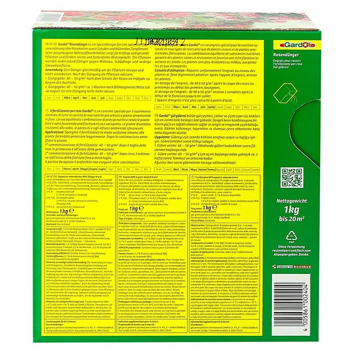 Gardol Rosendünger - 1 kg, Max. Anwendungsfläche: 20 m² - Bild einer Verpackung Gardol Rosendünger, einem Spezialdünger für Rosen, mit Infos zur Anwendung und Inhaltsstoffen.