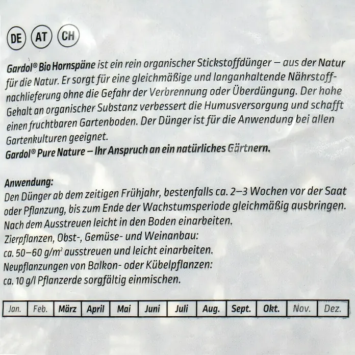 Gardol Bio-Hornspäne - 5 kg, Max. Anwendungsfläche: 100 m² - Anwendungshinweise für Gardol Bio Hornspäne: Natürlicher Stickstoffdünger für Gartenkulturen, Anwendung von Frühjahr bis Wachstumsende.
