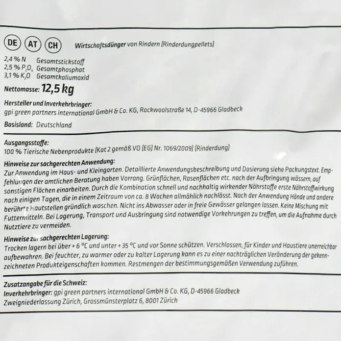 Gardol Pure Nature Bio-Rinderdung - 12,5 kg, Max. Anwendungsfläche: 125 m² - Detailansicht der Produktverpackung von Rinderdungpellets, einem organischen Wirtschaftsdünger für den Gartenbau.